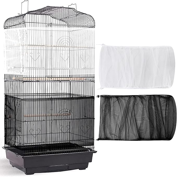 Shappy 2 Pieces Adjustable Bird Cage Seed Catcher Birdcage Cover Nylon Mesh Netting Soft Skirt Guard for Parrot Parakeet Macaw Round Square Cage(78 x 14.6 Inch in Circumference and Width,White, Black)
