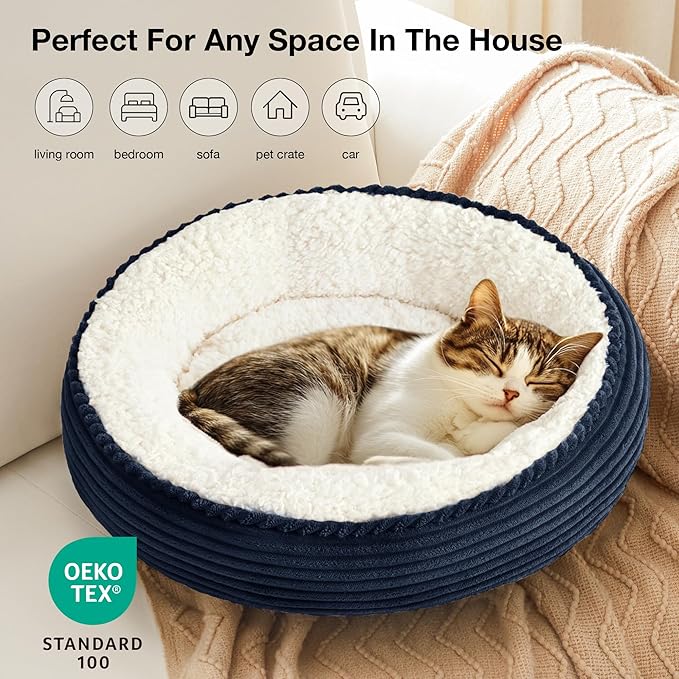 Love's cabin Round Donut Cat and Dog Cushion Bed, 20in Pet Bed for Cats or Small Dogs, Anti-Slip & Water-Resistant Bottom, Super Soft Durable Fabric Pet beds, Washable Luxury Cat Dog Bed Navy Stripe
