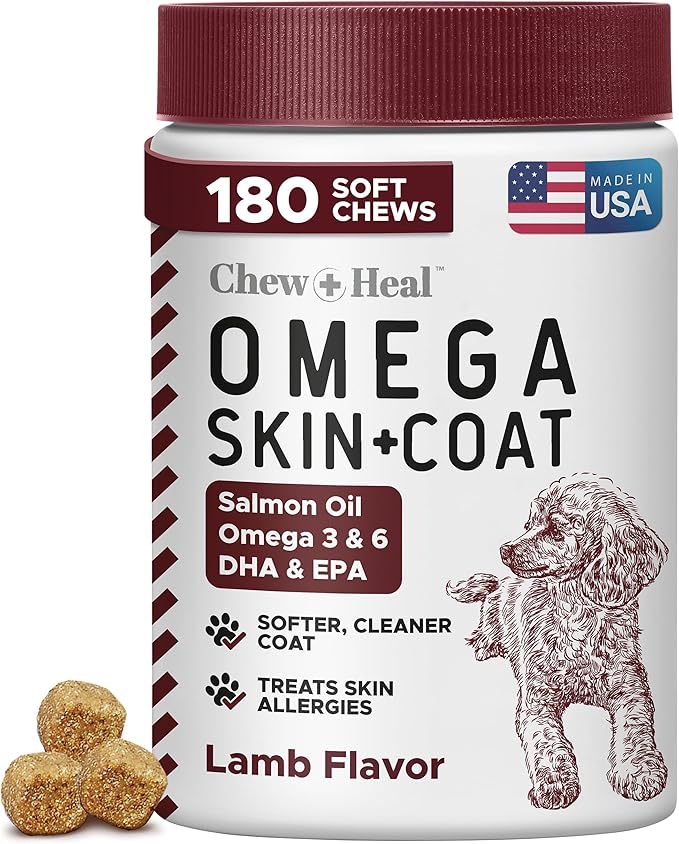 Salmon Oil for Dogs - Soft Chew Omega Treats for Skin and Coat - Fish Oil Blend of Essential Fatty Acids, Omega 3 and 6, Vitamins, Antioxidants and Minerals - Made in USA (180 Chews, Lamb)