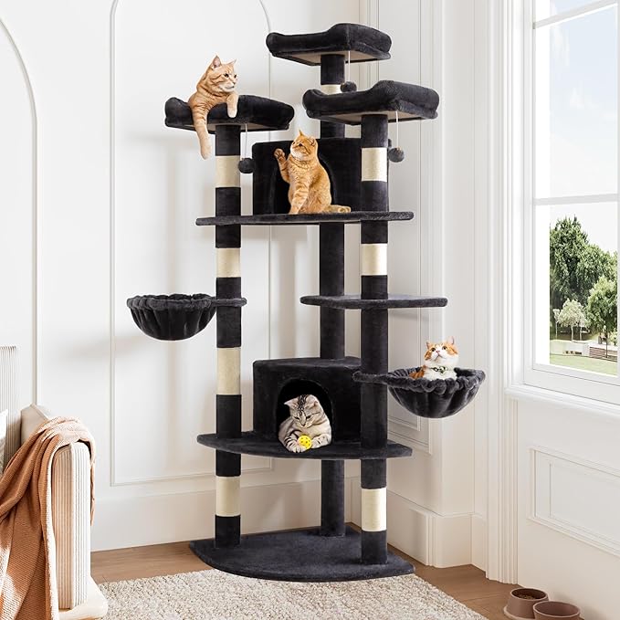 Allewie 73in Fan-Shaped Space-Saving Corner Cat Tower/Multi-Level Tall Cat Tree for Indoor Kitties/Cozy Baskets/Condos/House/Perches/Sisal Scratching Posts/Pet Activity Center/Dark Grey