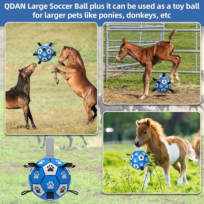 QDAN Extra Large Dog Toys Soccer Ball - Durable Dog Balls for Extra Large Dogs with Straps, Outdoor Dog Toys, Dog Water Toy, Herding Ball (9 Inch)