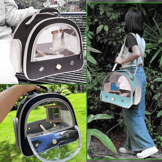 Parrot Travel Cage Carrier with Bird Cage Bells Mirror Set,Portable Small Bird Parakeet Bag with Standing Perch and Comfy Mat Bird Carry Transport Bag with Clear Window Outdoor Adventure