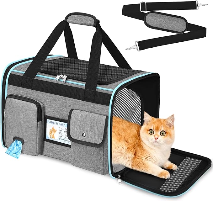 HUANLANG Soft-Sided Cat Carrier Airline Approved,Dog Carriers for Small Dogs Medium Cats,Pet Travel Carrier Up to 20 Lbs,Collapsible Cat Bag