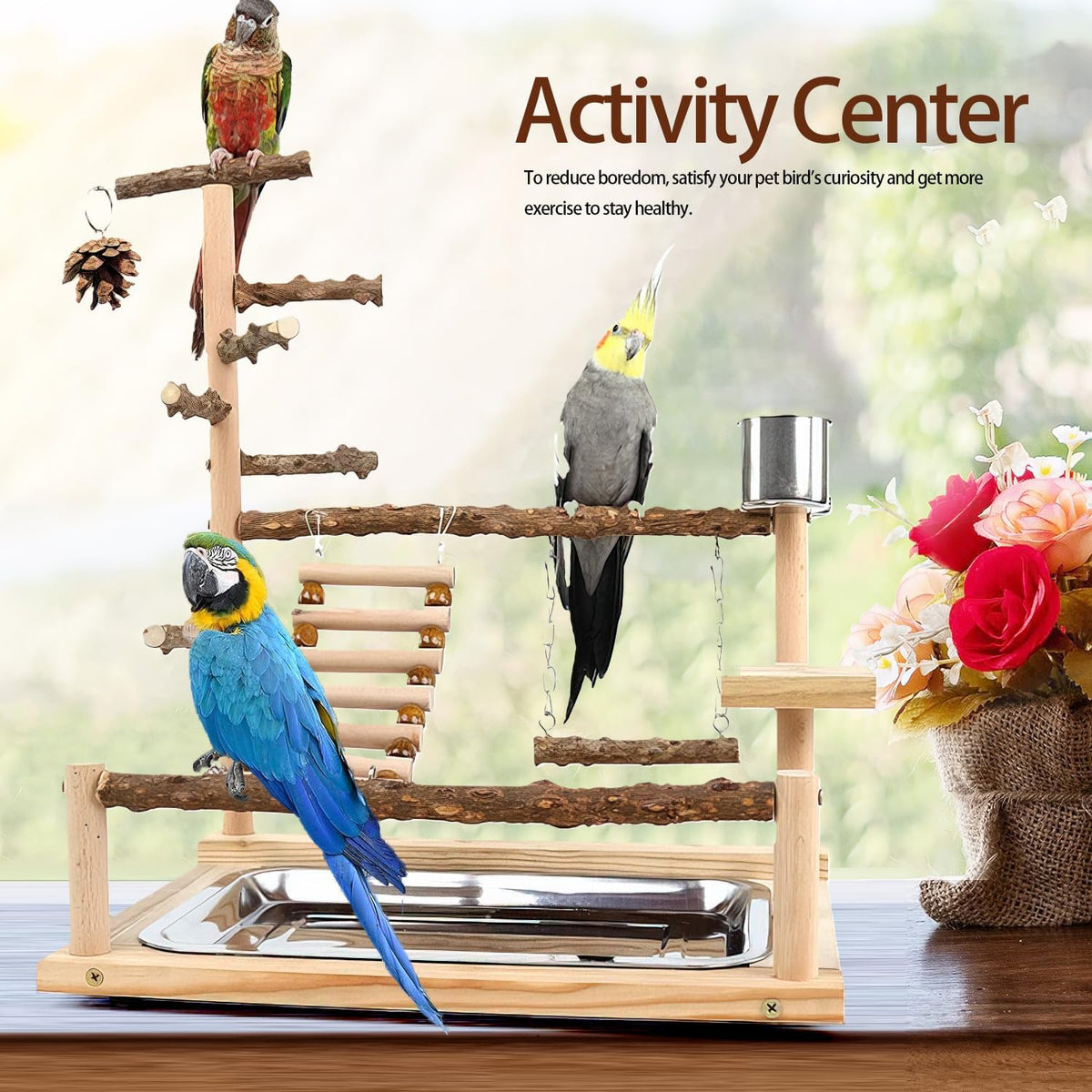 Bird Playground, Parrot Perch Stand, Natural Wood Bird Play Stands for Cockatiel Wood Perch Gym Playpen Ladder with Removable Tray and 2 Stainless Steel Cups, Bird Cage Accessories, Parrot Swing