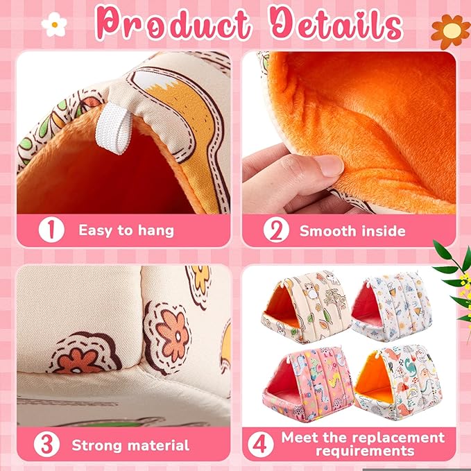 4 Pcs Guinea Pig Hideout, Guinea Pig Bed Tunnel, Rabbit Washable Small House Cage Accessories for Bunny Hedgehog Mouse Chinchillas Hamsters Ferrets Bearded Dragons Rats(Cartoon, 7.9 in)