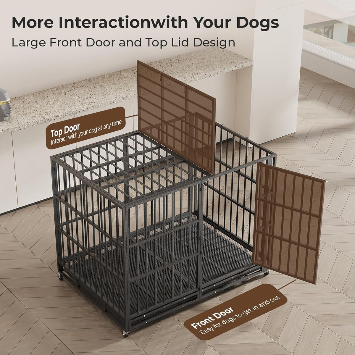 60 Inch Heavy Duty Indestructible Dog Crate Steel Escape Proof, Indoor Double Door High Anxiety Cage, Kennel with Wheels,Removable Tray,Extra Large XL XXL XXXL