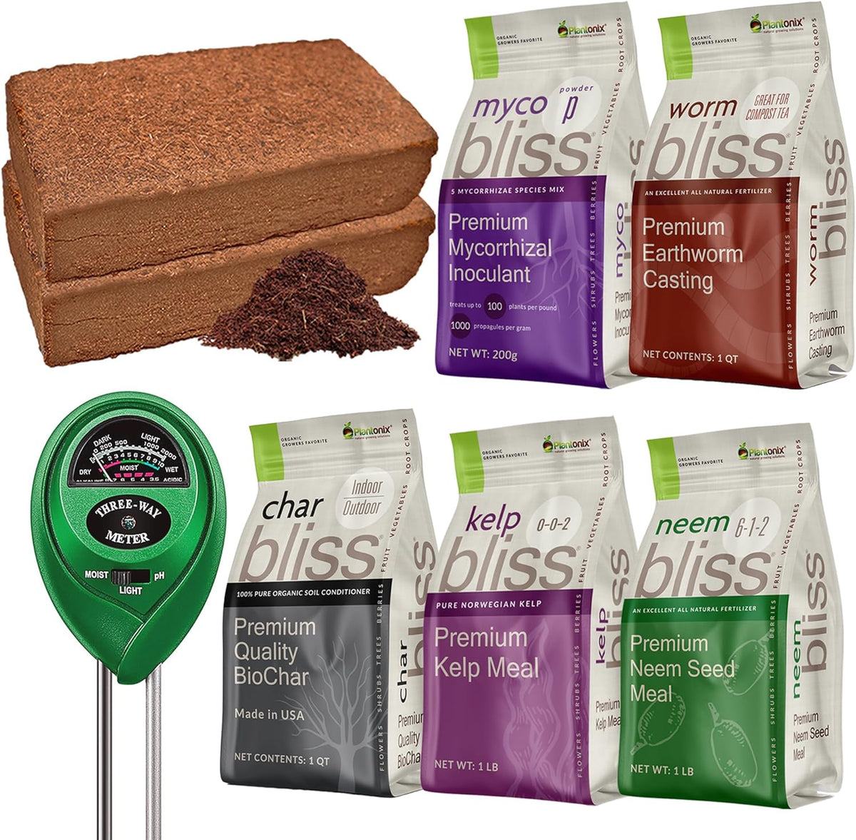 Coco Coir 650gm Bricks + Worm Castings + Mycorrhizal Inoculant + Neem Meal Fertilizer + Organic Biochar for Plants - All Natural Soil Amendments for Plants - Organic Coco Coir for Plants & Gardening