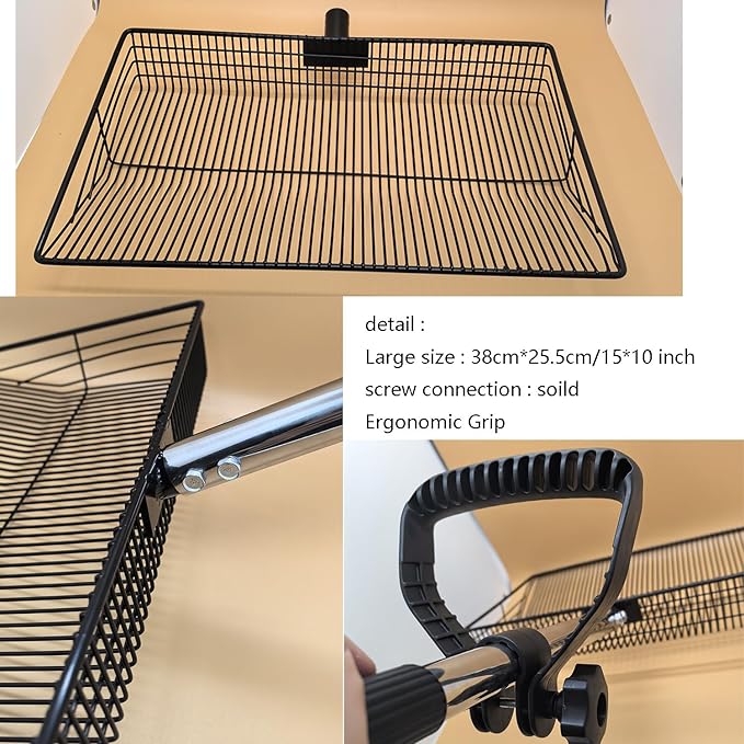 15 Inch Large Chicken coop Scoop with Ergonomic Grip Adjustable Long Handle (24-64") Chicken Poop Scooper Sifting Shovel rake Stainless Steel Metal coop Scoop (L/15 INCH)