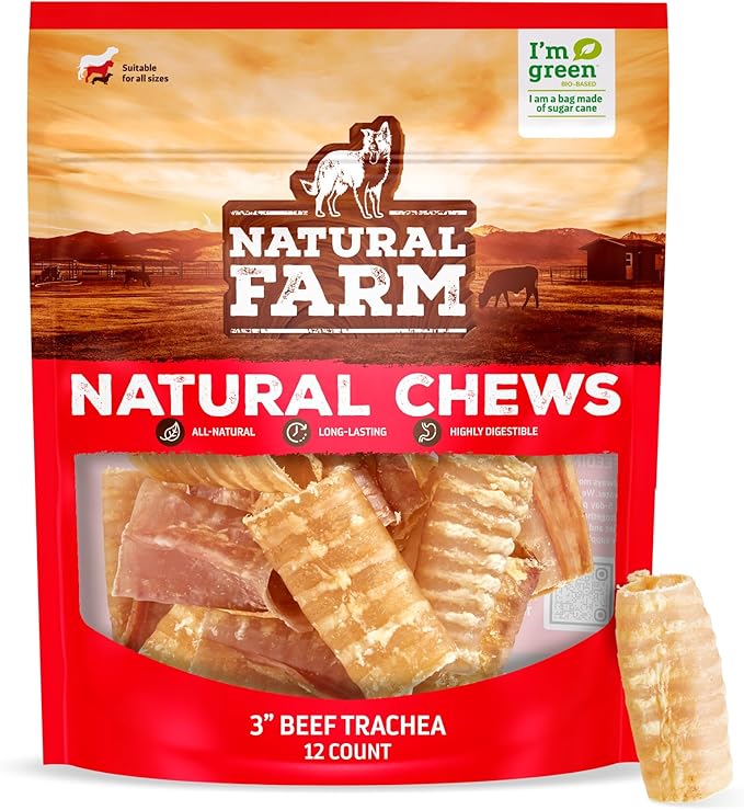 Natural Farm Top Premium Beef Trachea Dog Chews (3 Inch, 12 Pack), Natural Source of Glucosamine and Chondroitin for Hip and Joint Health, High-Protein, 100% Beef Trachea