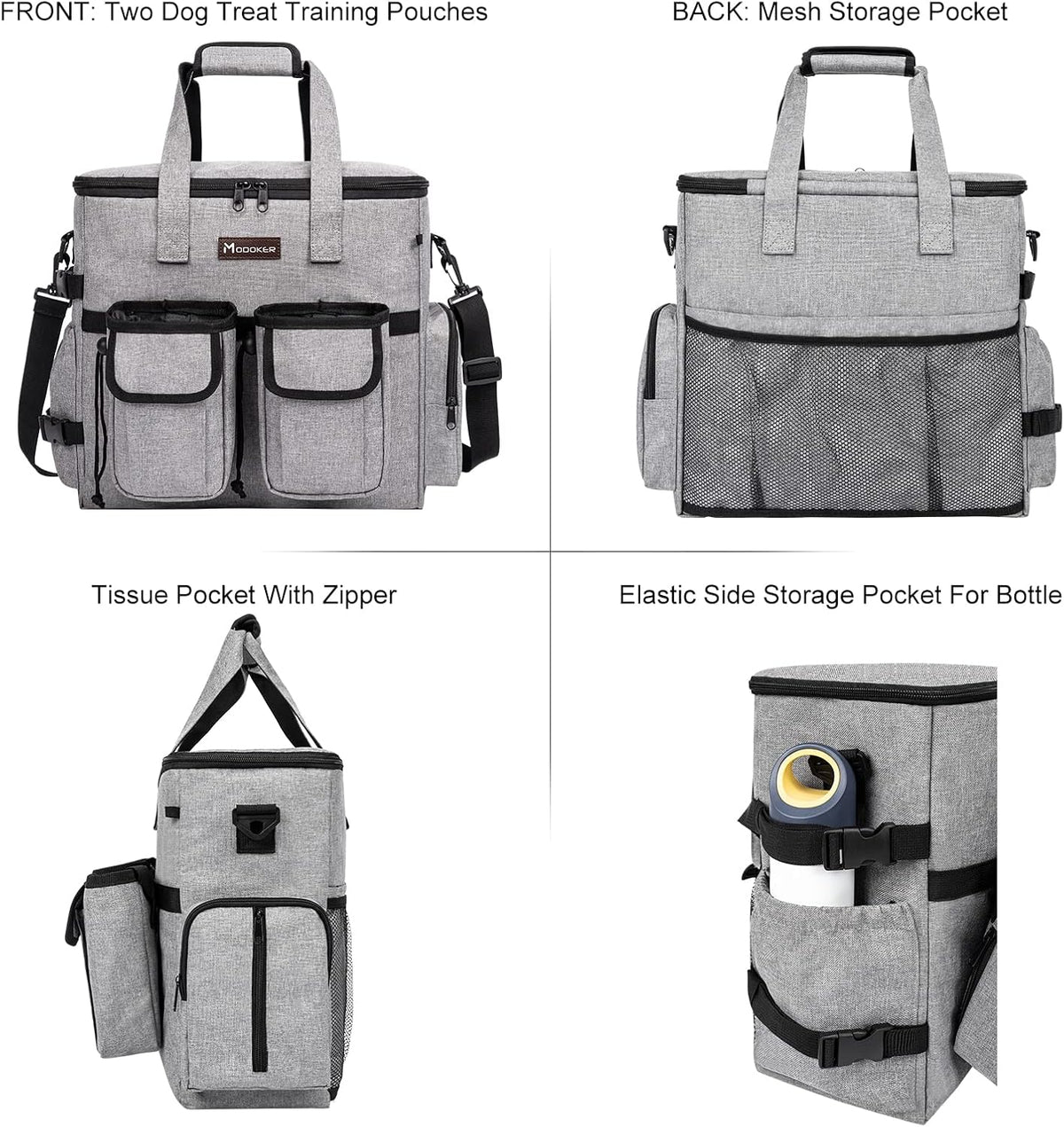 Airline Approved Dog Travel Bag with 2 Dog Treat Training Pouches, Tote Organizer for Weekend Pet Travel Supplies & Accessories, 2 Collapsible Bowls, 2 Food Container (Grey)