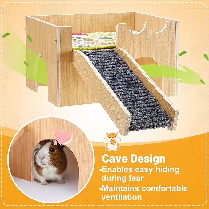 Upgraded Guinea Pig Castle, Sturdy Wooden Guinea Pig Hideout, Small Animal House Bed Hut Habitats with Stairs, Easy to Assemble for Hamsters Bunny Chinchillas Playing Hiding