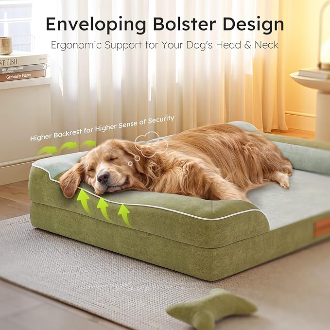 Jumbo Dog Bed for Extra Large Dogs, Orthopedic Dog Bed with Cooling Gel Memory Foam, Waterproof Pet Bed with Removable Washable Cover, 45" Pet Sofa Couch Dutch Velvet with Bone Toy, Dark Green