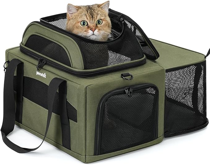 Pecute Top Side Expandable Pet Carrier Airline Approved Dog Cat Carrier, Breathable Soft-Sided with Locking Zippers, Pet Travel Bag for Small Dog Cat Leakproof Pee Pad (Olive Green)