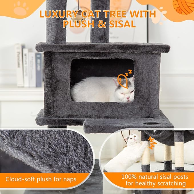KITTY KINGDOM 65in Large Cat Tree Condo Furniture for Indoor Kitties, Multi-Level Cat Tower with 4 Scratching Posts, Cat Cave, Hammock, Perch & Reinforced Base, Plush Gray