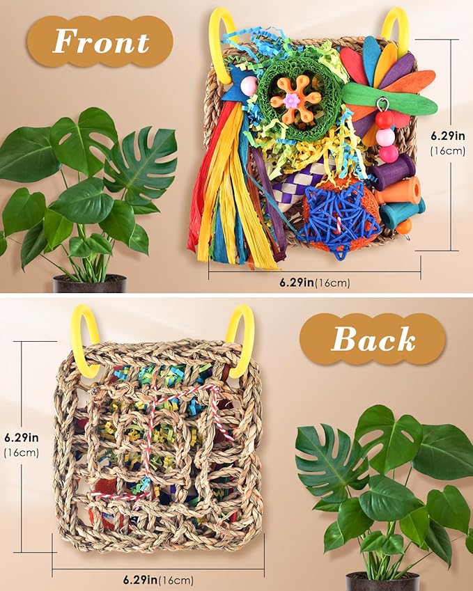 ERKOON Bird Cockatiel Toys Foraging Toys Hanging Parrot Toys for Lovebrid Parakeets Conures Bird Foraging Wall with Colorful Toys for Birds Shredding Seagrass, Birds Cage Toy Accessories