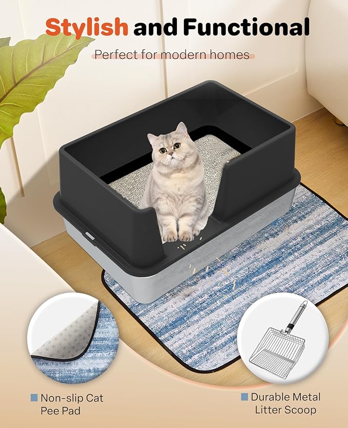 Stainless Steel Litter Box with Lid, 23.5" L x 15.8" W x 12.6" H, XL Metal Cat Box for Big Cats, High Sided Kitty Litter Box with Scoop & Pee Pads, Non-Sticky, Anti-Leakage, Easy to Clean (Black)