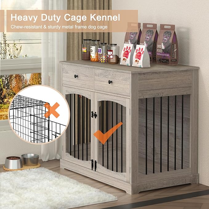 BREEZEHEAT 40 inch Dog Crate Furniture-Farmhouse Dog Kennel with Drawers-End Table Wooden Pet Crate, Double Door Design, Decorative Dog House Indoor for Small Medium Large Dog, Oak Grey