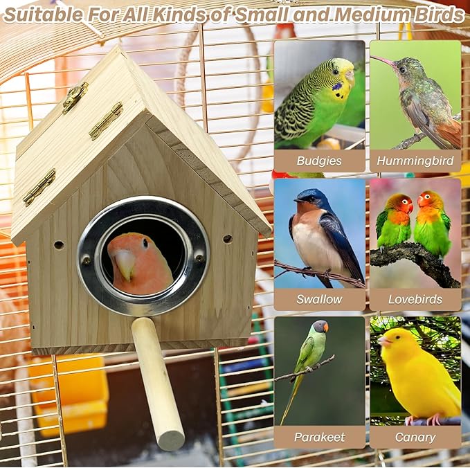 PINVNBY Parakeet Nesting Box Wooden Bird House for Cage Parrot Breeding Mating Box for Lovebirds CockatielFinch Cockatoo Canary and Small and Medium-Sized Birds (L: 7.91 * 6.81 * 6.69 inch)