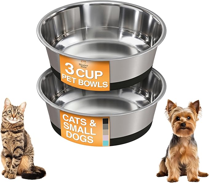 Neater Pet Brands Stainless Steel Dog Bowls with Non-Slip Rubber Bottom – 3 Cup (24 oz), Black - Set of 2 Heavy Duty Metal Dog Bowls, Dishwasher Safe, Food or Water Bowl, Ideal for Small & Medium Dogs