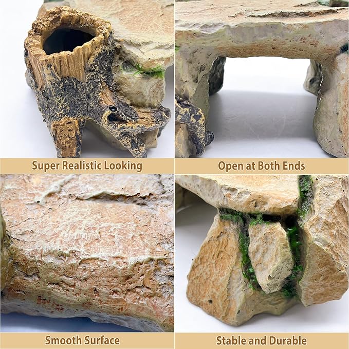 BNOSDM Reptile Hide Cave, Turtle Basking Platform, Terrarium Resin Rock Decor, Lizard Hideout Rocks Tank Accessories for Bearded Dragons, Snake, Leopard Gecko, Tortoise, Axolotls