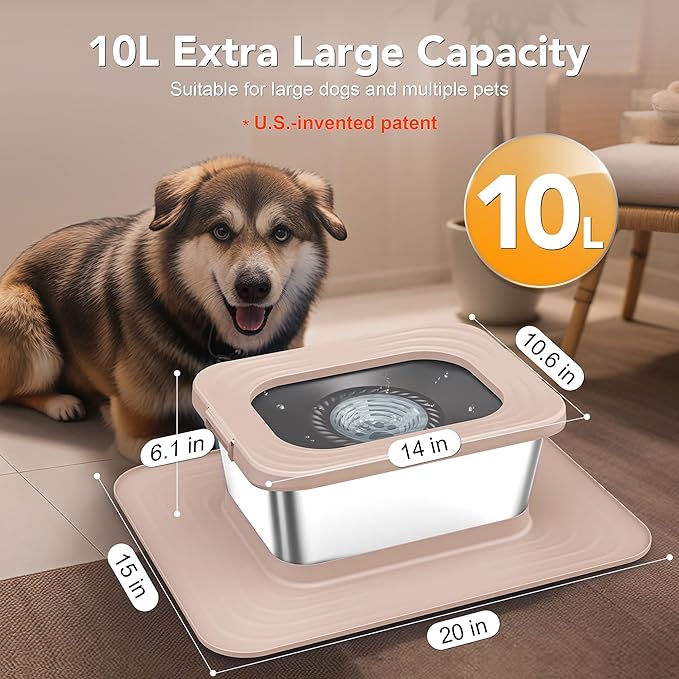 Decflow 10L Stainless Steel Dog Water Bowl, No Spill Anti-Splash Dog Bowls with XXL Silicone Mat, Spill-Proof Slow Feeder for Messy Drinkers, Heavy Duty Pet Bowls Indoor/Outdoor Use