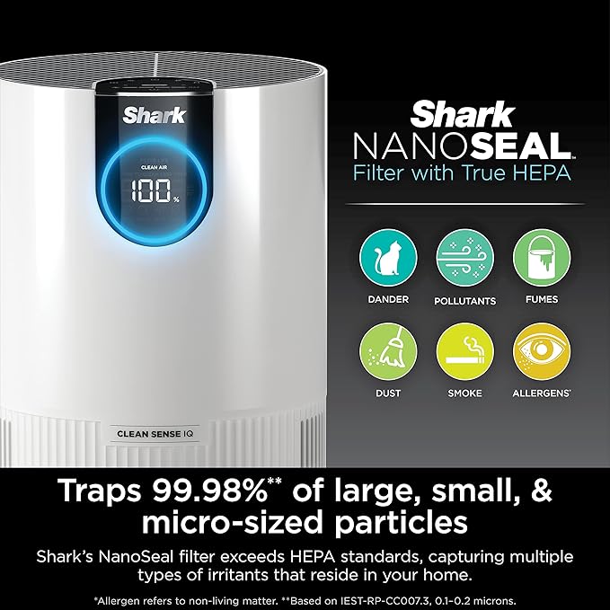 Shark Air Purifier for Home, Clean Sense, for Bedroom, Nursery, Home Office, Dorm, HEPA-Exceeding Filter, Captures Pollutants, Pet Dander, Dust, Odor, Smoke, and More, HP102PK2, White