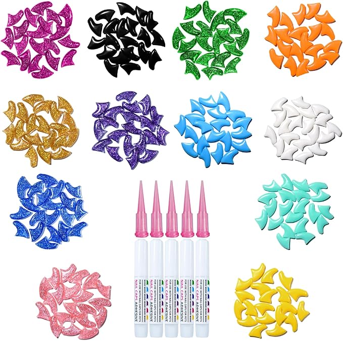10x Colors / 100 pcs Cat Nail Caps | Cat Claw Covers with Adhesives and Applicators | Alpha (S)