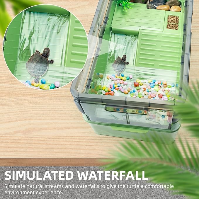 Turtle Tank kit with Filter+Water Pump+Heat lamp, Wheels, Easy to Move, Imitate The Natural Flows, Suitable for Small Turtle Horned Frog Hermit (L, Green)