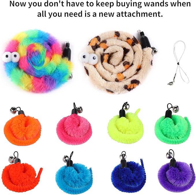 Cat Wand Toy Set, 11 Pcs Including Worm & Snake Refills, Wand Replacement Rope, for Bored Indoor Adult Cats & Kittens