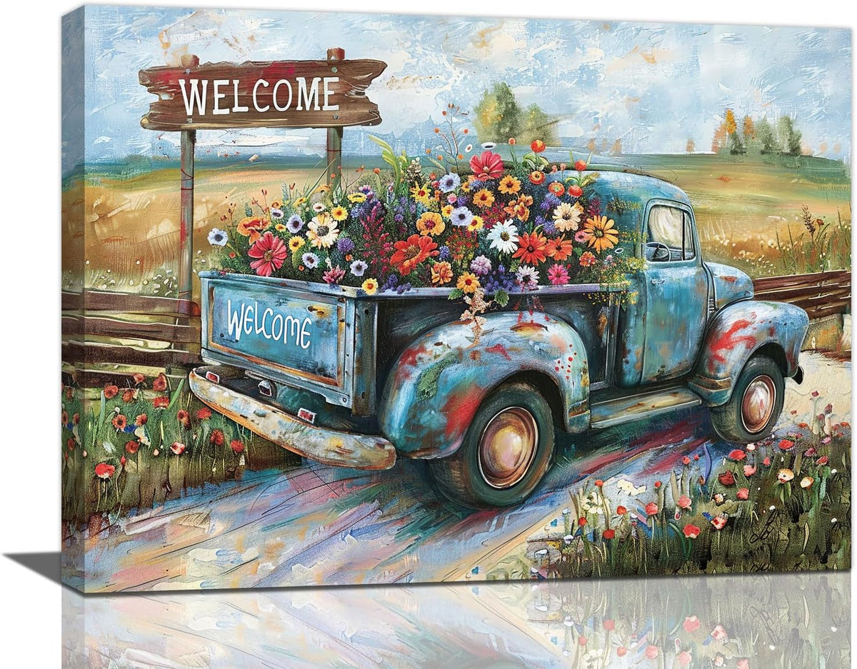 Farmhouse Truck Wall Art Rustic Country Wildflowers Wall Decor Road Flowers Landscape Pictures Canvas Print Painting Artwork for Bathroom Living Room Bedroom 12"x16"