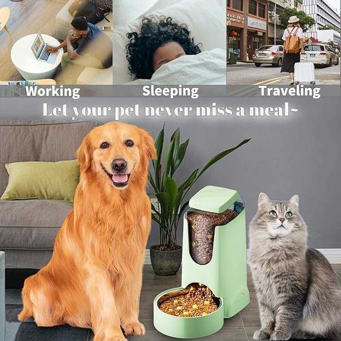 Hamiledyi Gravity Dog Feeder 2.8L Pets Automatic Food Dispenser with Stainless Steel Bowl for Puppy Cat Rabbit Large Capacity (Light Green)