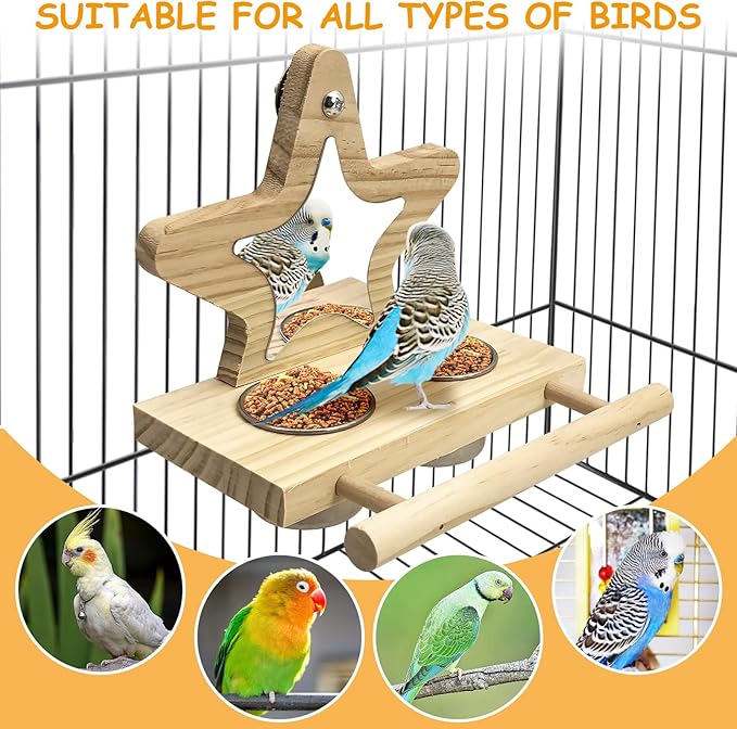 Tfwadmx Parrot Wooden Feeding Cups with Wooden Platform Stainless Steel Birds Bowls Food Water Bowls with Bird Food Holder for Cockatiel Conure Budgie Parakeet Macaw Lovebird