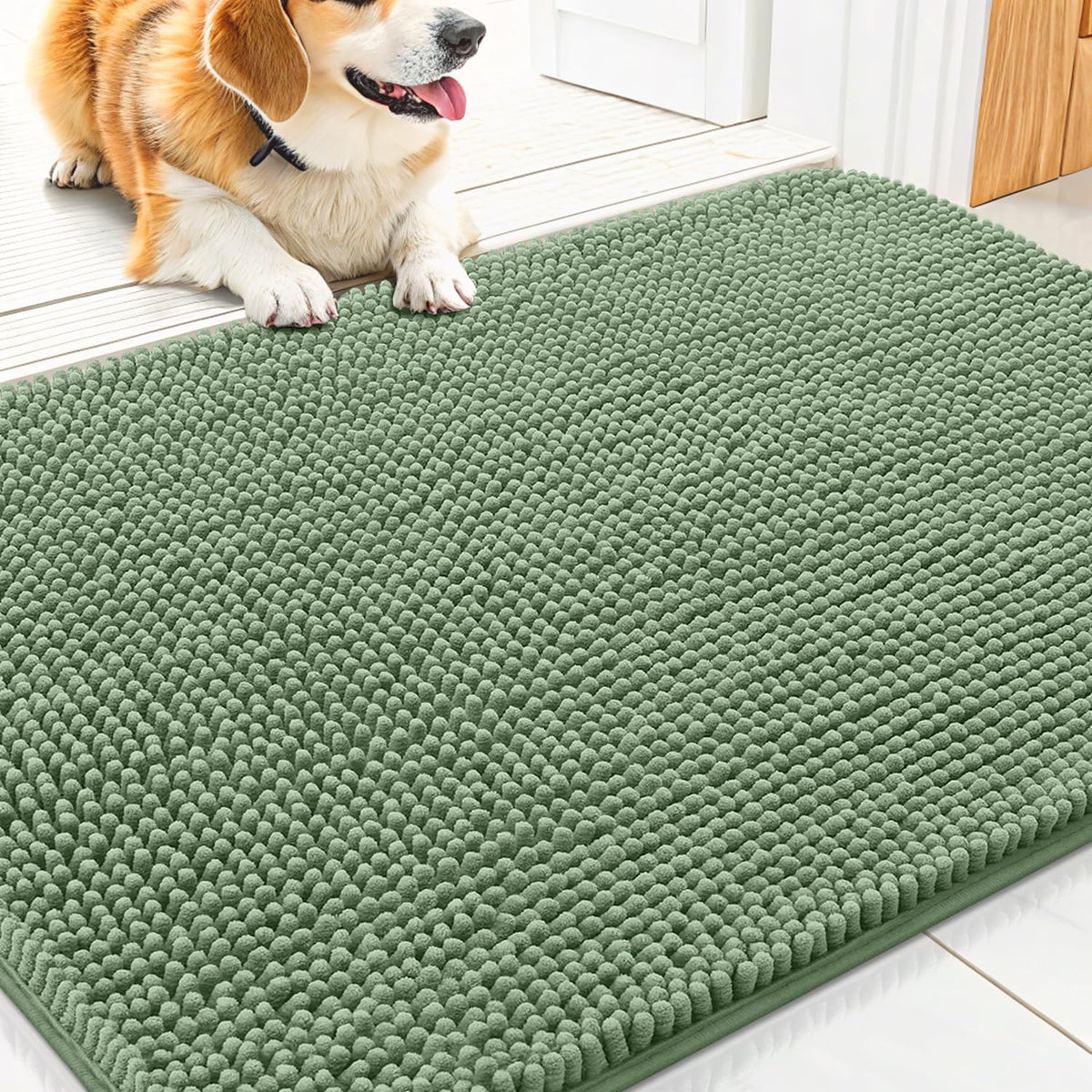 Smiry Dog Door Mat for Muddy Paws 30x20, Absorbs Moisture and Dirt Doormat, Non-Slip Washable Quick Dry Chenille Front Door Mat Indoor Entrance, Entryway Carpet for Inside Floor, Olive Green