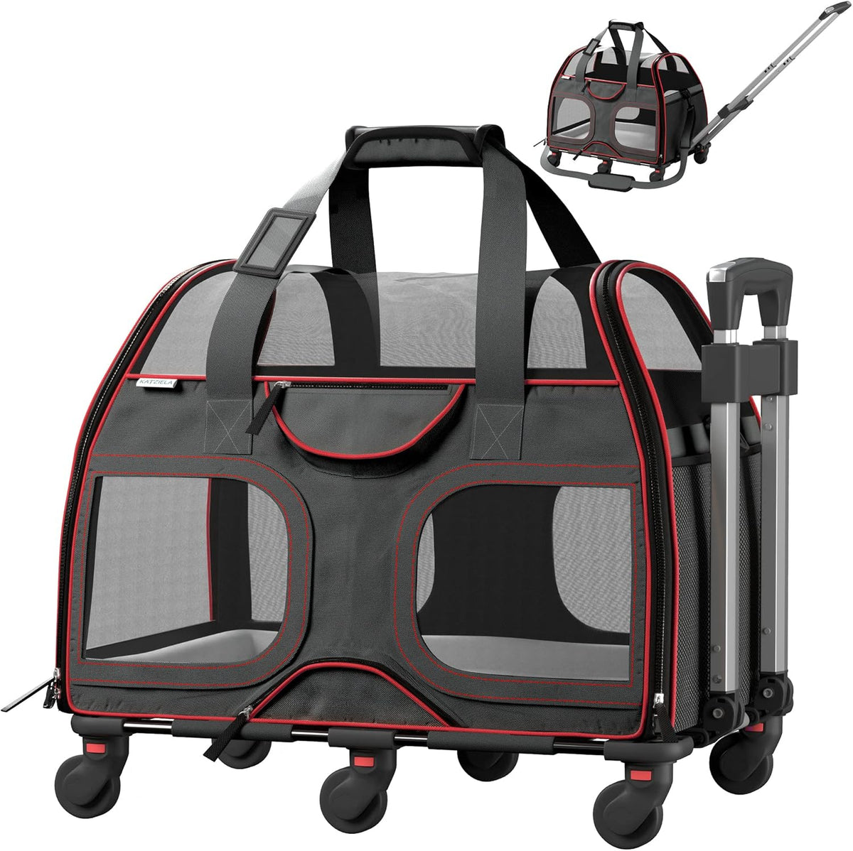 Katziela Pet Carrier - Airline Compliant - TSA Approved Pet Carrier for Small Dogs and Cats - Soft FAA Travel Airplane Dog Carrier Luggage (Black/Red)
