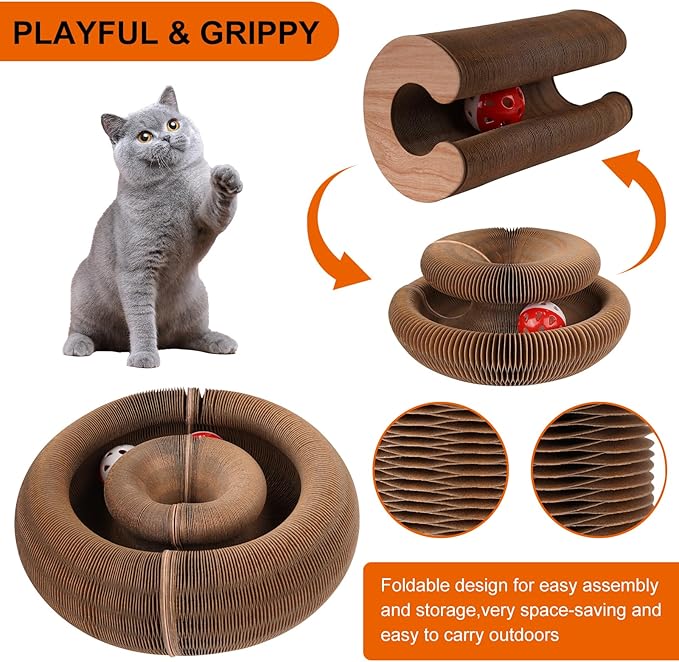 Magic Organ Cat Scratching Board with Bell-Ball, Durable Foldable & Reversible Infinity Style Interactive Kitty Kurlz Cat Scratcher for Indoor Cats Toy, Furniture Protector, Kitten Cats Accordion Toy