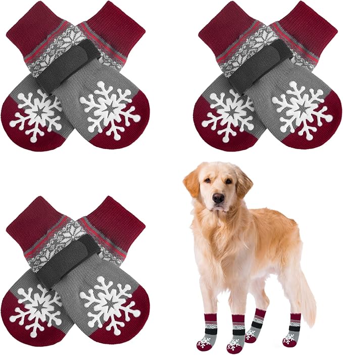 BEAUTYZOO Christmas Winter Anti-Slip Dog Socks with Grips Traction Control for Small Medium Large Dogs, Non Skid Indoor Double Side Pet Paw Protector for Hardwood Floor Wear, Snowflake M
