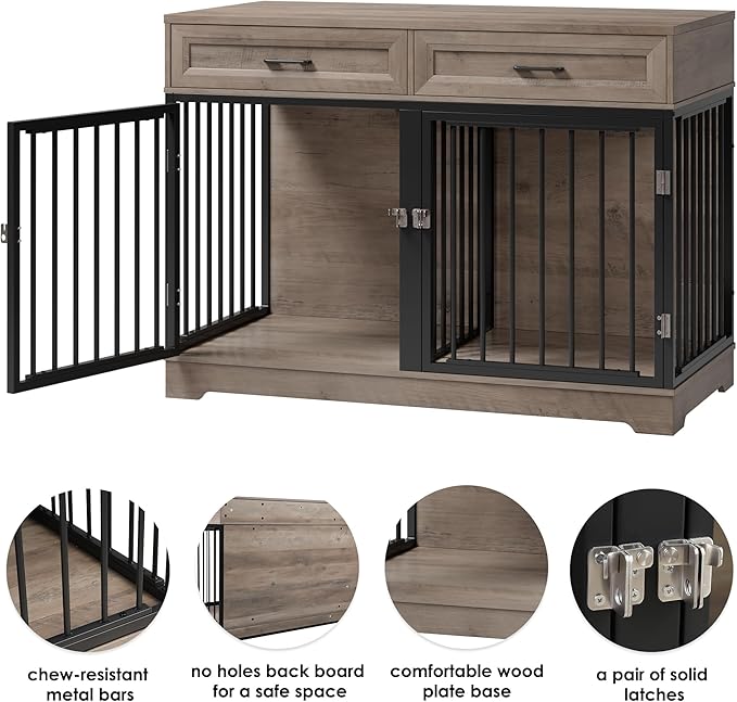 Dog Crate Furniture 47" Wooden Dog Kennels for Dogs Indoor with a Removable Divider for Large/Medium/Small Dogs, 2 Storage Drawers and Large Tabletop Dog Cages Double Doors Dog House, Rustic
