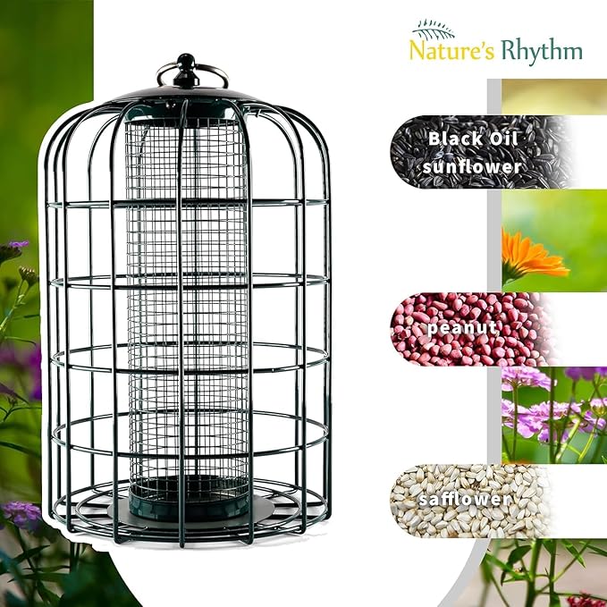 Nature's Rhythm Outdoor Hanging Bird Feeder Cage Mesh Tube Squirrel Proof Wild Bird Feeder with Large Metal Seed Guard Deterrent