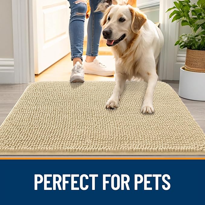 OLANLY Dog Door Mat for Muddy Paws 30x20, Absorbs Moisture and Dirt, Absorbent Non-Slip Washable Doormat, Quick Dry Chenille Mud Mat for Dogs, Entry Indoor Entryway Carpet for Inside Floor, Sand