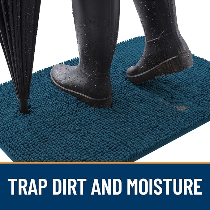 OLANLY Dog Door Mat Set 4-Piece 30x20, Absorbs Moisture and Dirt, Absorbent Non-Slip Washable Doormat, Quick Dry Chenille Mud Mat for Dogs, Entry Indoor Entryway Carpet for Inside Floor, Atlantic Blue