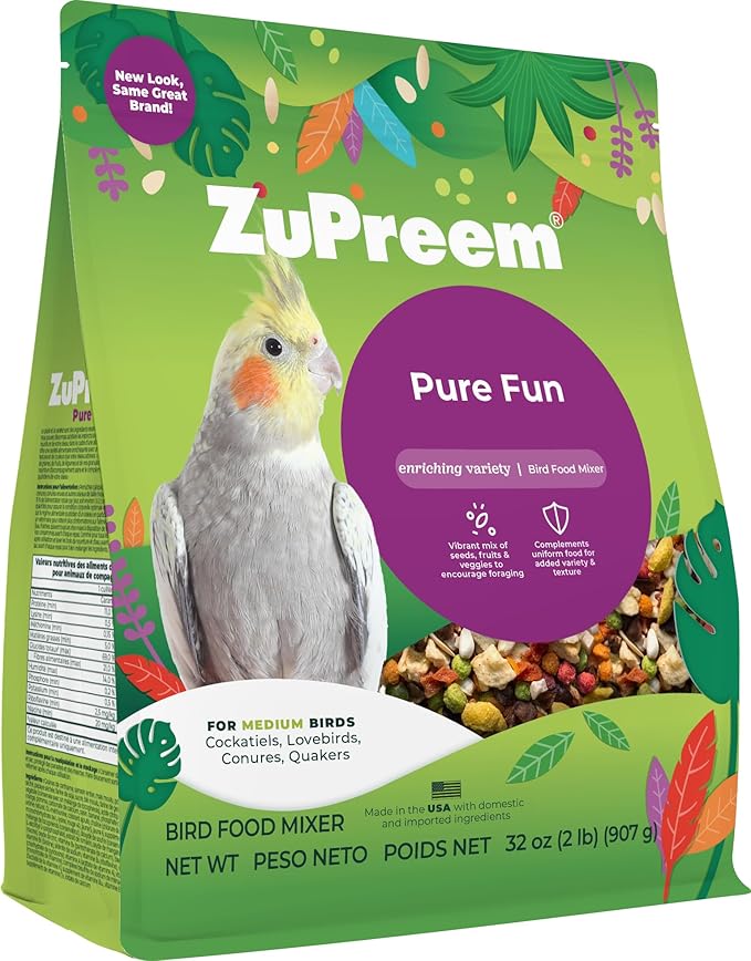 ZuPreem Pure Fun Bird Food, Cockatiel, Lovebird, Quaker, Small Conure, Lorikeet, Seed and Pellet Blend for Medium Birds, Food Mixer Topper, Enriching Variety, Made in USA (M, 2 lbs)