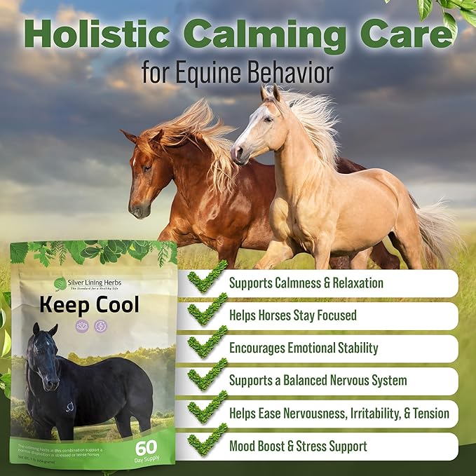 Silver Lining Herbs Keep Cool Horse Calming Supplement - Horse Health Calm & Focus Supplement - Horse Calming Supplements with Natural Herbs including Chamomile, Echinacea, & More - 1 lb 60-Day Supply