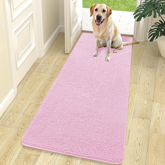 OLANLY Dog Door Mat for Muddy Paws 70x24, Absorbs Moisture and Dirt, Absorbent Non-Slip Washable Doormat, Quick Dry Chenille Mud Mat for Dogs, Entry Indoor Entryway Carpet for Inside Floor, Pink