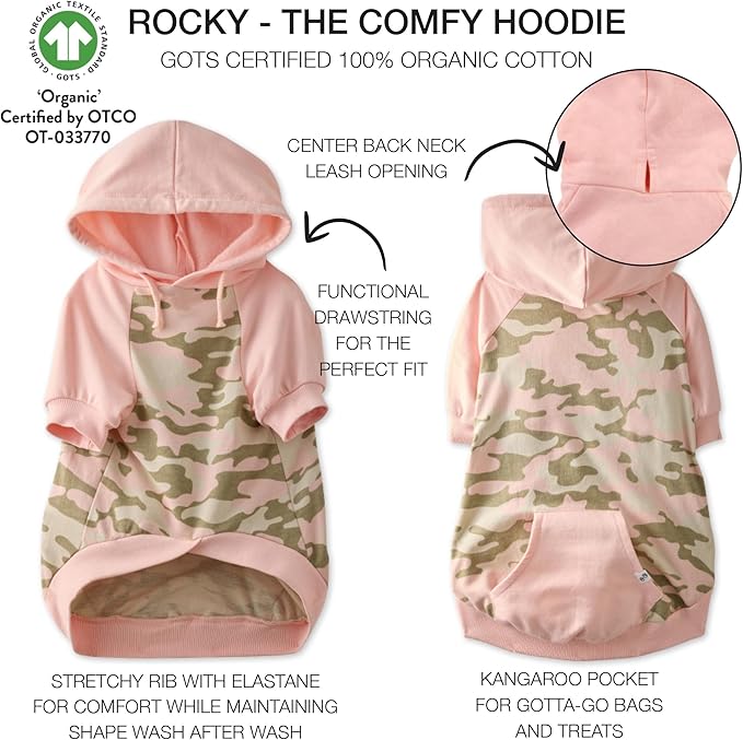 Rocky – The Orginal Lightweight Hooded TEE 100% Organic Cotton Dog Hoodie Pet Coat Sweater for Small, Medium, Large Dogs, Pink Half Camo, XX-Small