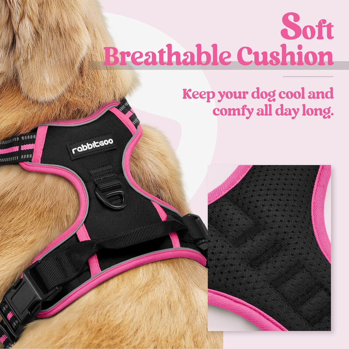 rabbitgoo Dog Harness No Pull with 2 Leash Clips, Adjustable Soft Padded, Reflective Oxford No Choke Pet Vest with Easy Control Handle for Large Dogs, Black & Hot Pink, L