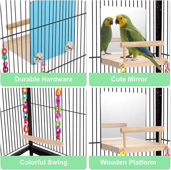 KyoukiBird Perch Platform Bird Toys with Bird Mirror Climbing Ladder Swing, Parakeet Cage Accessories - for Cockatiels, Lovebirds, Budgies,Pacific Parrotlets,Finch,Canaries - Wooden Play Gym