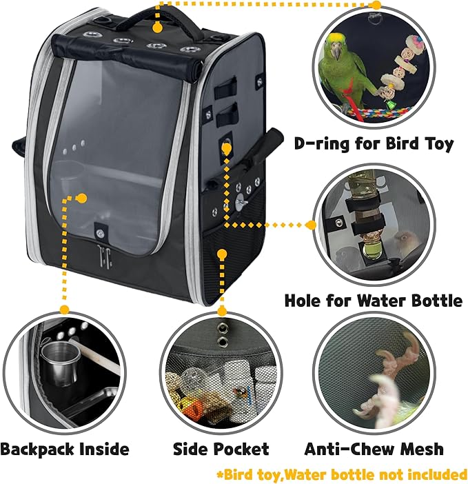 Birds Day Bird Carrier Backpack-Parrot Travel Cage with 2PCS Perch and Food Bowl, Stainless Steel Tray (Charcoal Gray)
