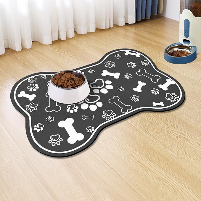 Dog Cat Food Mat,Rapid Absorbent Pet Feeding Mat, Bone Shaped Dog Placemat Water Bowl Mat with Rubber Backing,No Stains Dog Cat Food Mats Indoor, Pet Accessories Supplies 17"×29" Black