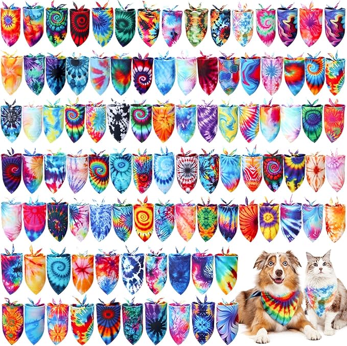 50 Pcs Tie Dye Dog Bandanas Bulk Pet Bibs Colorful Triangle Scarf Pet Bandanas for Medium Large Dogs Spring Summer Birthday Costume Decoration