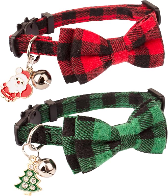 ADOGGYGO Christmas Cat Collars Breakaway with Cute Bow Bell - 2 Pack Red Green Plaid Kitten Collar with Removable Bowtie Christmas Collar for Cats Kittens